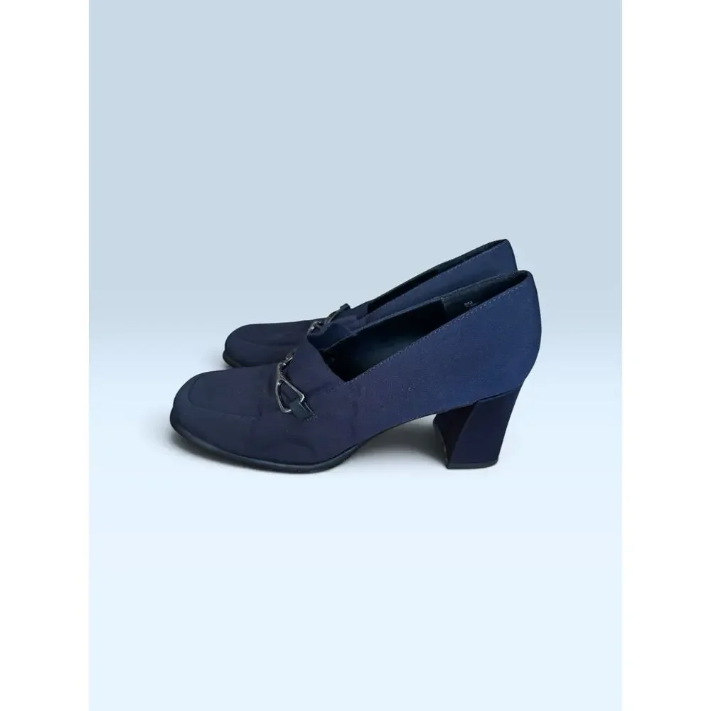 Jennifer Moore Blue Square Toe Loafer Mules Silver Bar Block Heel Size 8